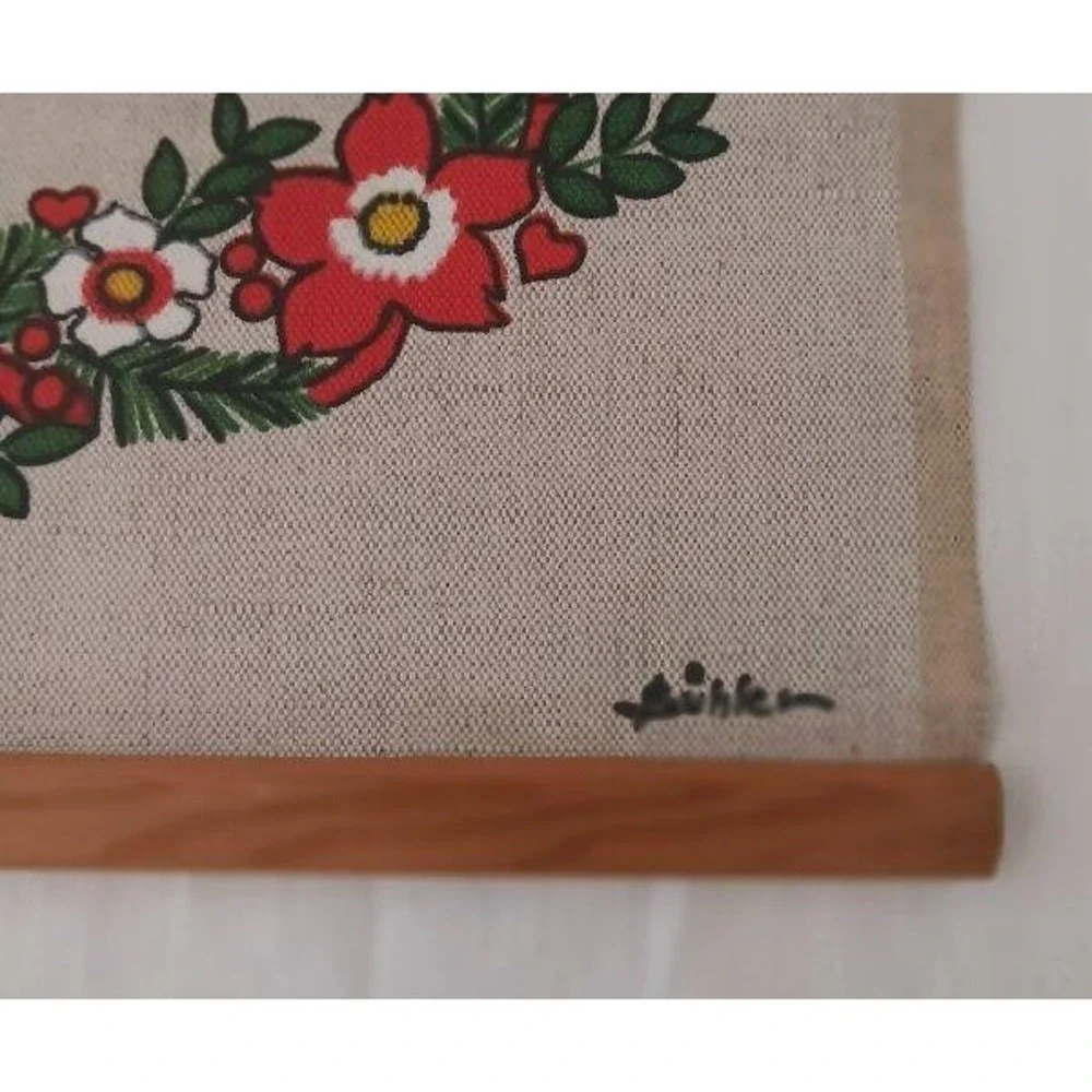 Vintage Norway Christmas Wall Art Gnome Farm Wreath Print Linen Buhler 16" - Picture 3 of 4